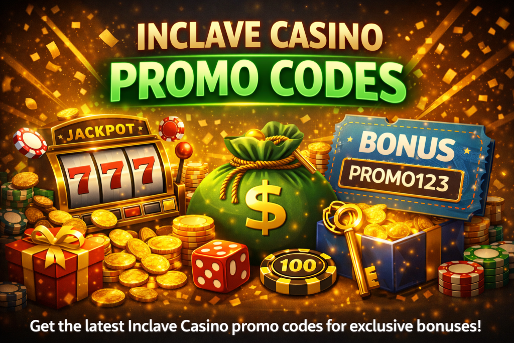 Inclave Casino promo codes banner with slot machine jackpot, gold coins, money bag, bonus ticket with code, dice, and glowing promotional text on a dark background