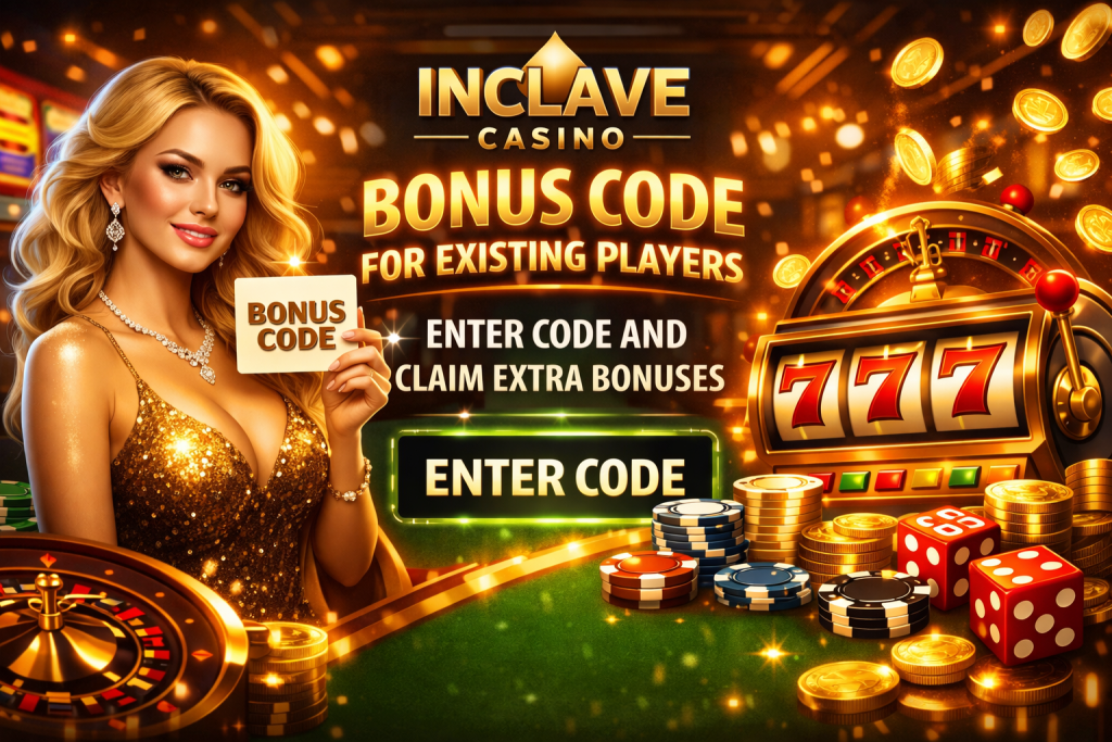 Online casino bonus code banner with chips, glowing lights and rewards for existing players