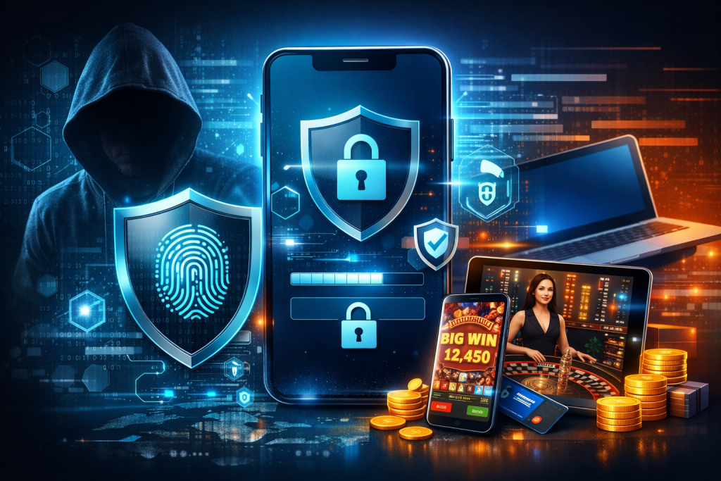 Inclave Casino mobile concept showing secure smartphone login, encryption shield, multi-device casino access and digital gaming interface with slots and live dealer elements