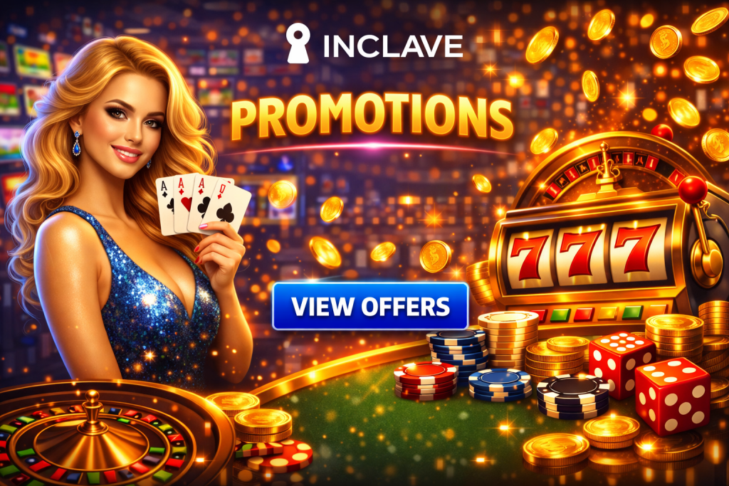 Online casino promotions banner with slot machine, roulette, chips and bonus offers