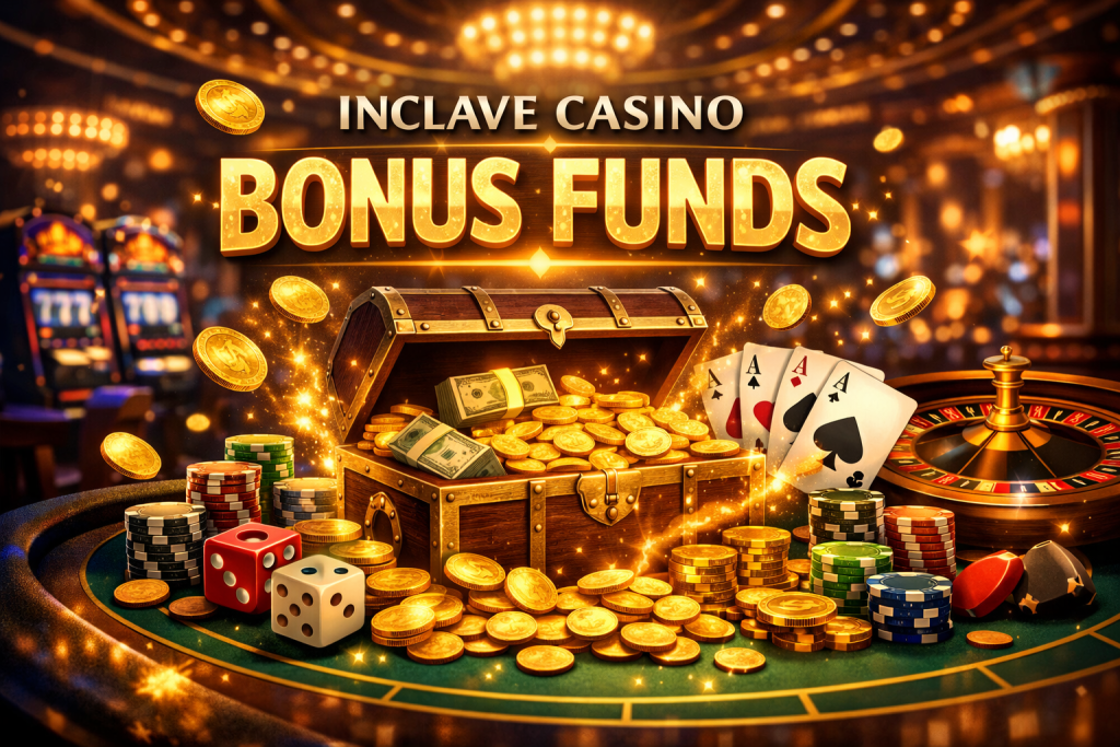 Golden casino scene with treasure chest full of coins, poker chips, cards and roulette representing bonus funds and rewards