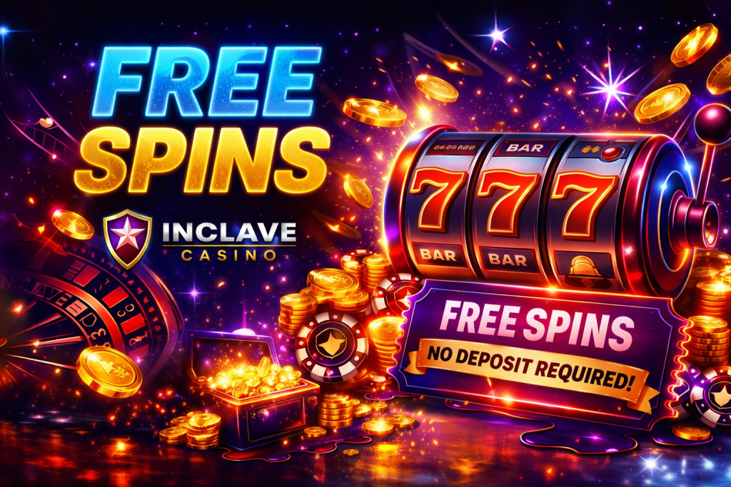 Inclave Casino free spins banner with slot machine 777, gold coins, neon lights and vibrant purple casino background