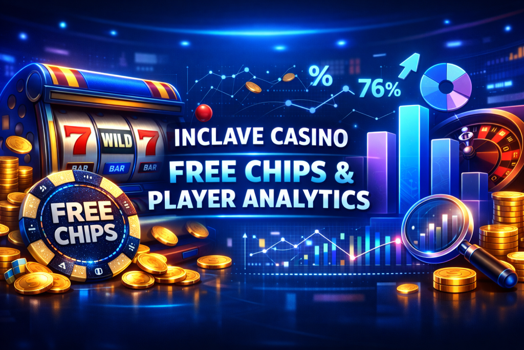 Inclave Casino free chips banner with slot machine, casino chips, gold coins, and analytics charts in a vibrant blue neon gaming environment