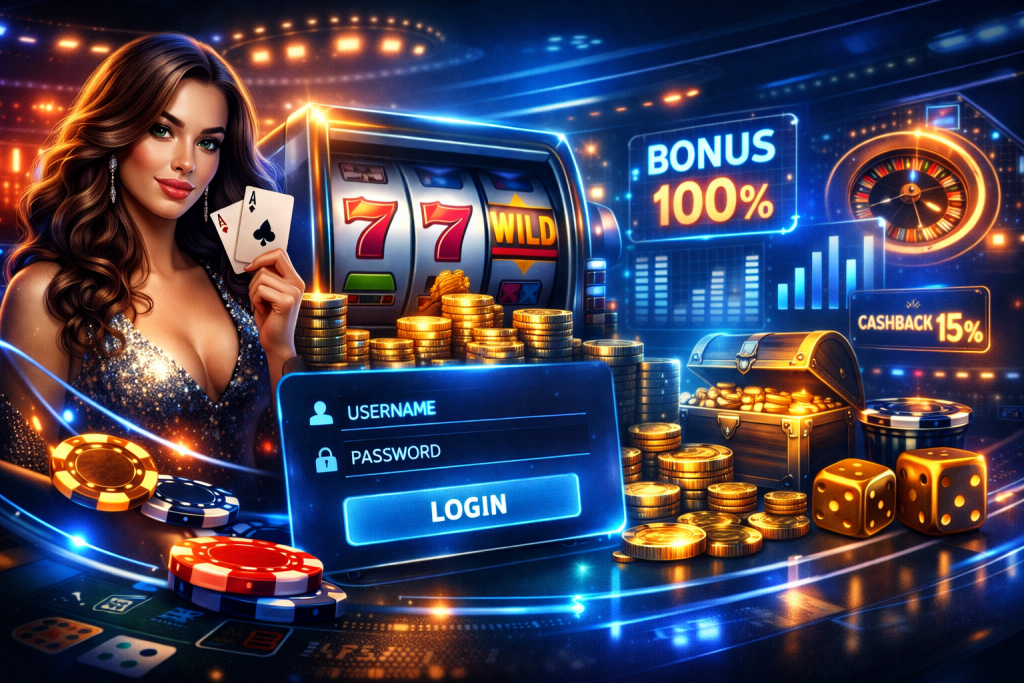 Online casino bonus concept with slot machine, gold coins, and promotional elements showing 100% bonus and cashback offers in a futuristic gaming interface
