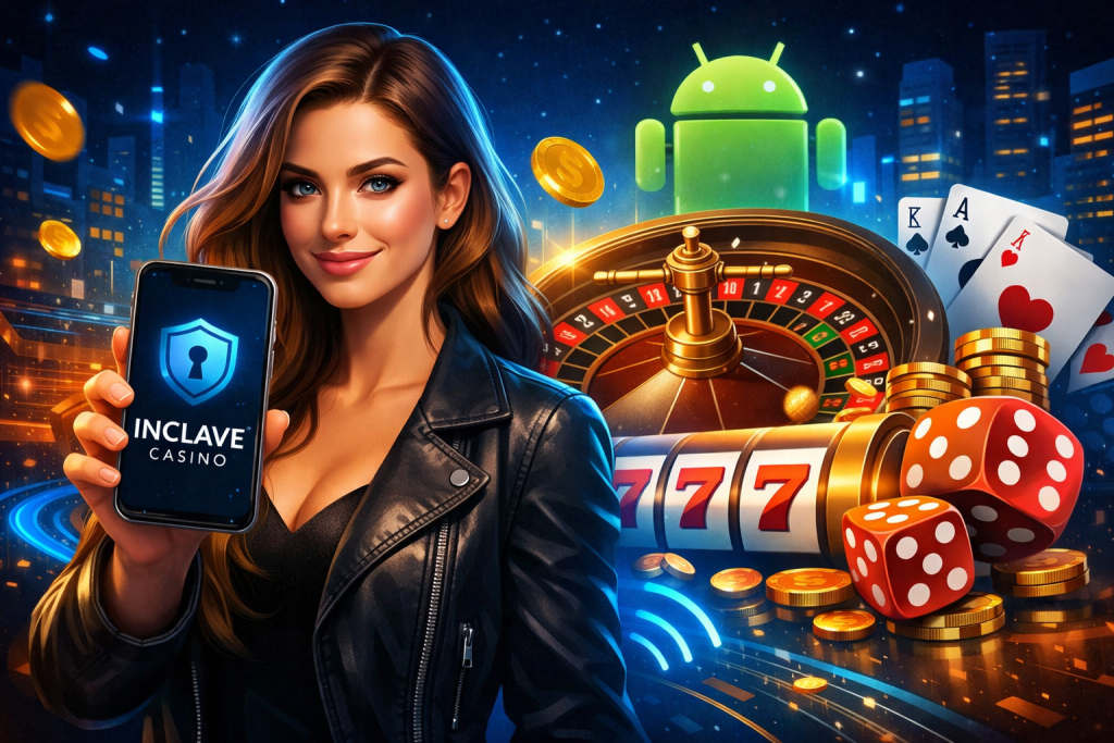 Inclave Casino Android app interface on smartphone with casino elements, roulette, slots and Android symbol in a modern digital gaming environment
