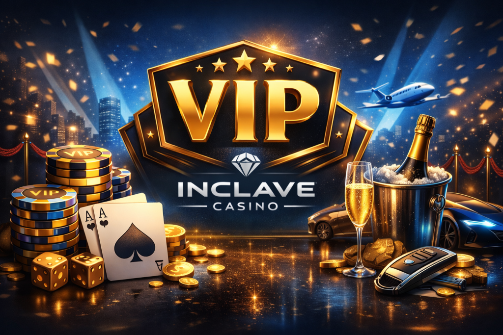 Inclave Casino VIP program banner featuring gold VIP emblem, poker chips, playing cards, luxury car, champagne, and night city skyline in blue and gold tones