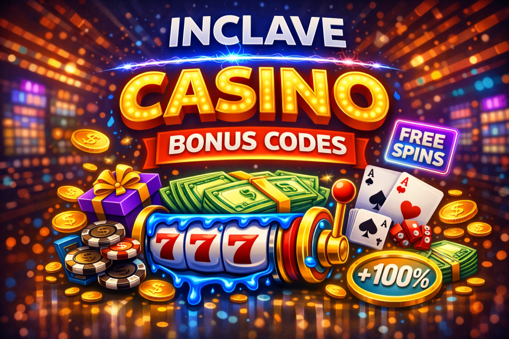 Bonus codes banner with slot machine 777, free spins sign, coins, poker chips, gift box, and glowing 100 percent bonus offer in a vibrant casino background