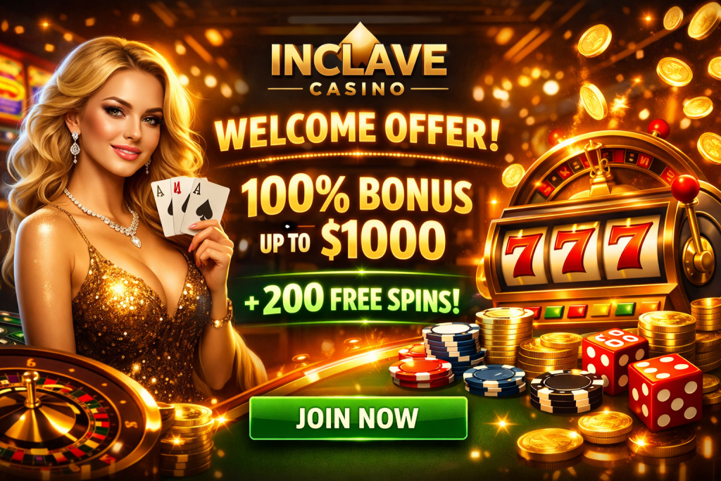 Bright online casino welcome offer banner with glowing chips, cards and bonus rewards