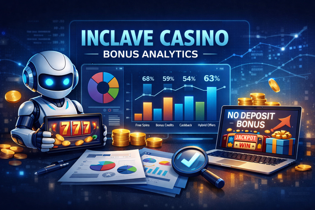 Inclave Casino no deposit bonus banner with analytics charts, robot holding slot game, gold coins, and laptop showing bonus offer in a futuristic gaming environment
