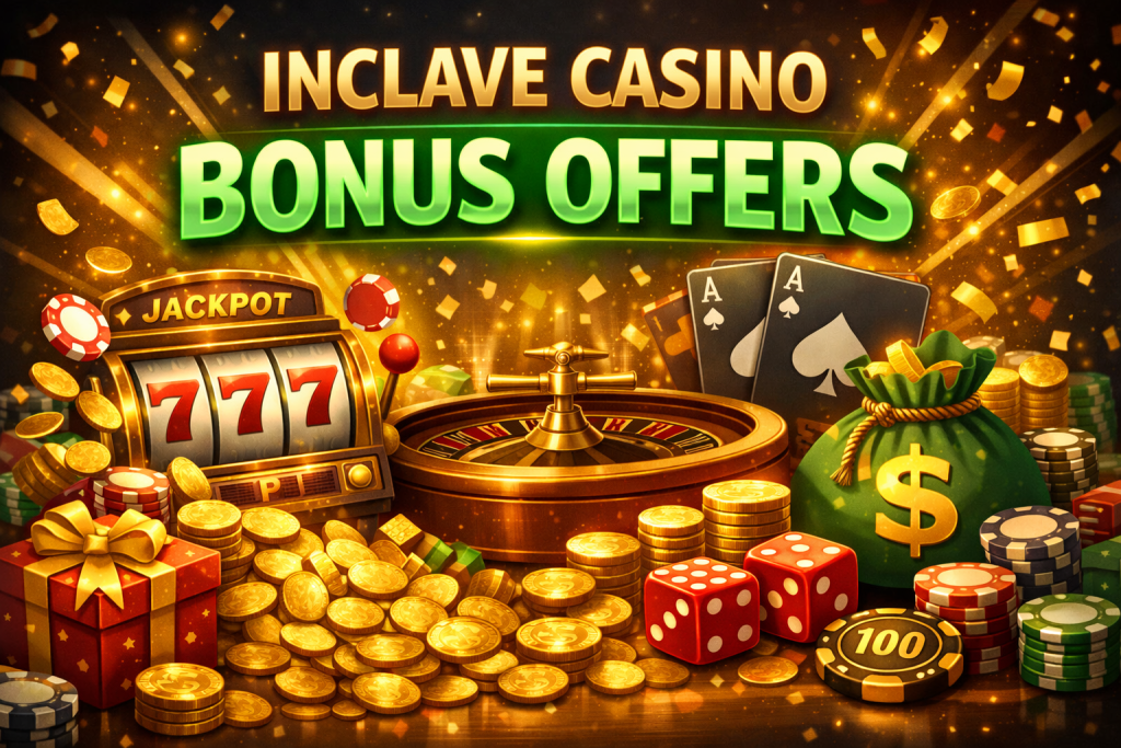 Inclave Casino bonus offers banner with glowing gold coins, slot machine jackpot, roulette wheel, poker cards, dice, and green highlighted promotional text on a dark background