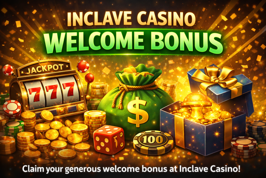 Inclave Casino welcome bonus banner with slot machine jackpot, gold coins, gift box, casino chips, dice, and glowing promotional text on a dark background