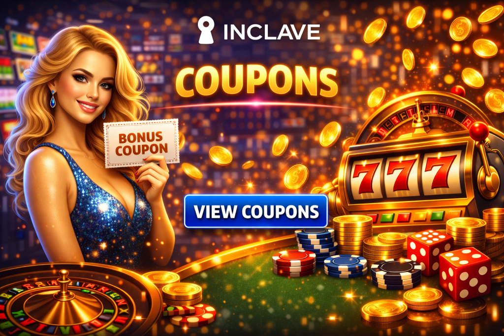 Online casino coupon banner with bonus ticket, slot machine, chips and coins