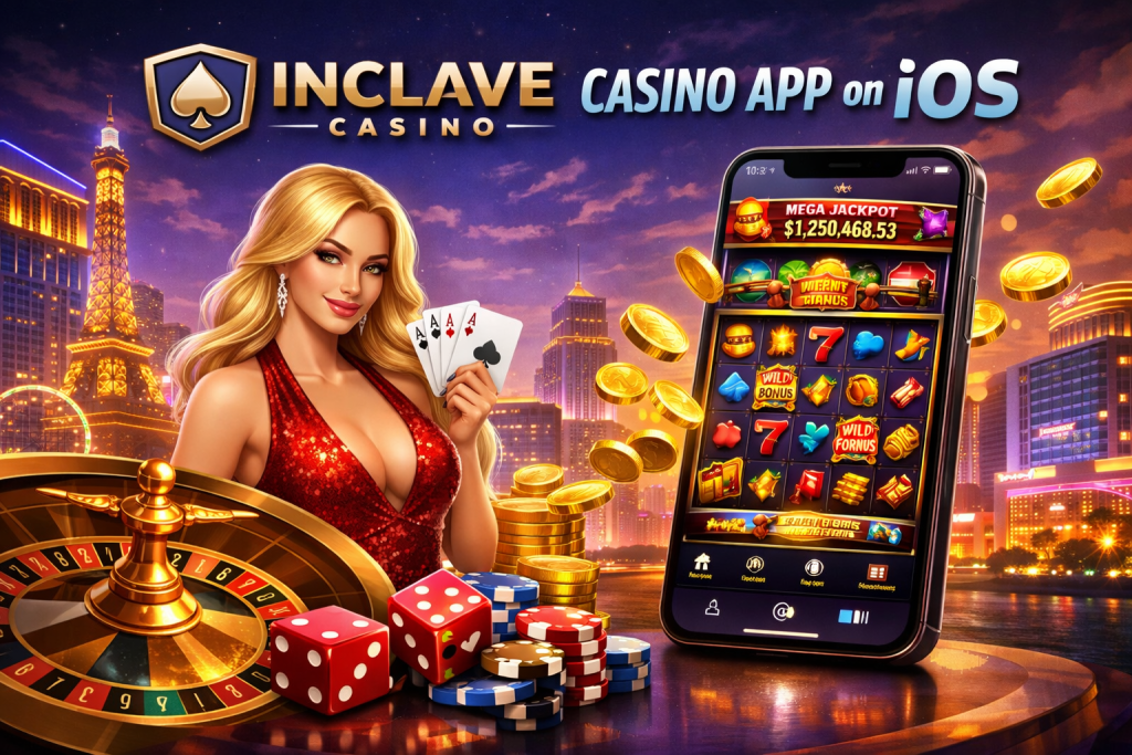 nclave Casino iOS app interface displayed on iPhone with casino chips, roulette wheel, dice, and city lights background representing mobile casino gaming