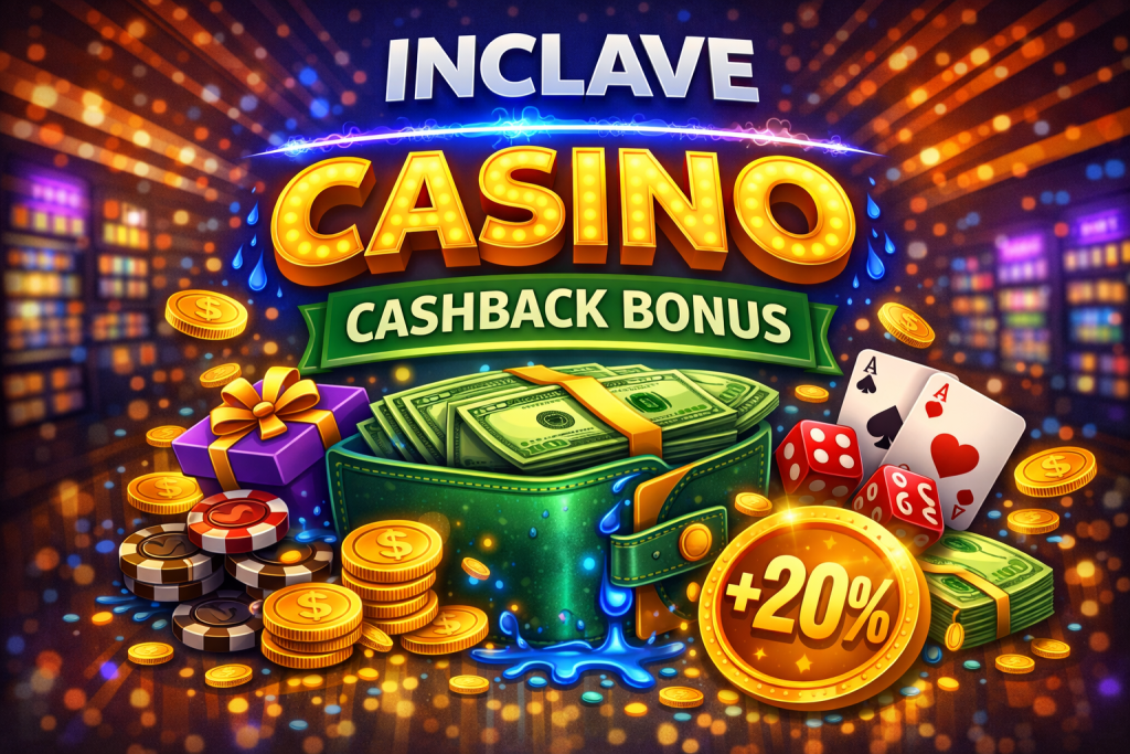 Cashback bonus banner with wallet full of cash, coins, poker chips, playing cards, and glowing 20 percent cashback offer in a vibrant casino background