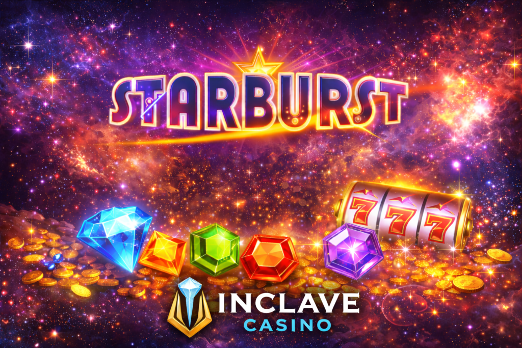 Starburst slot banner with colorful gems, cosmic space background and classic reels