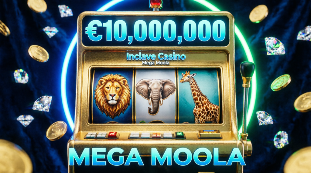 Golden Mega Moola slot machine with lion, elephant and giraffe symbols, progressive jackpot €10 million, blue neon glow with falling coins and diamonds on dark blue background