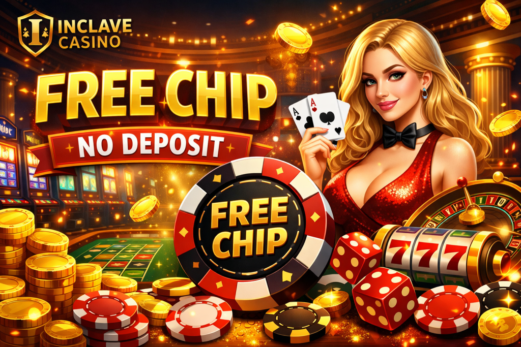 Free chip no deposit casino bonus with poker chips, gold coins, slots and roulette in a bright luxury gaming scene